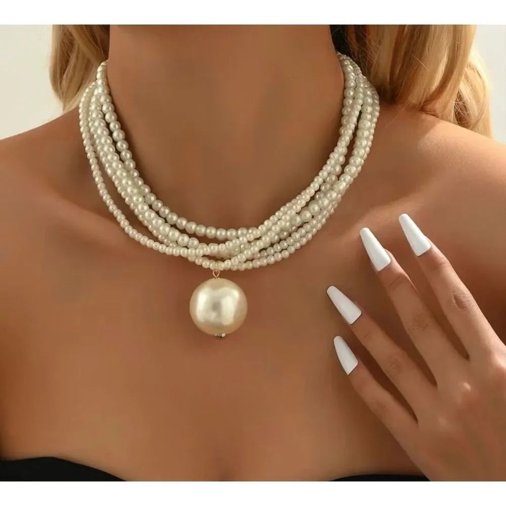 Multi Layer Faux Pearl Statement Necklace Oversized Pearl Pendant Choker